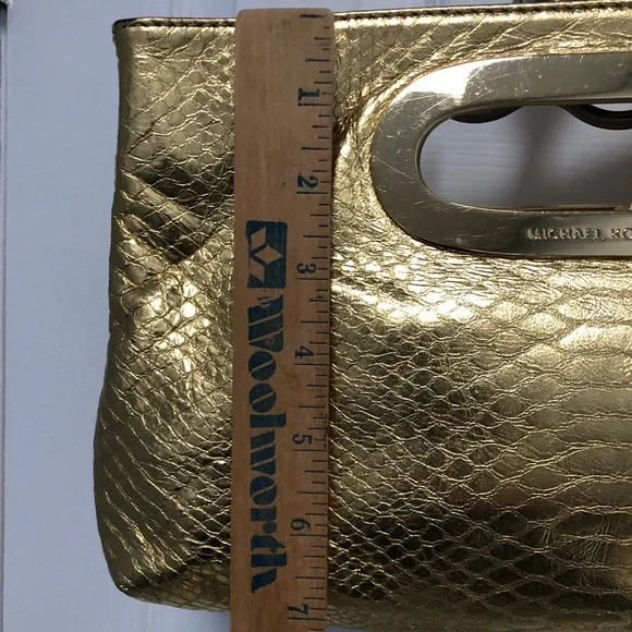 Michael Kors Berkeley Metallic Gold Leather Snakeskin Print Clutch Bag - Picture 8 of 12